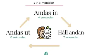 4-7-8-metoden för andning: andas in 4 sek, håll 7 sek, andas ut 8 sek. En illustration visar en person som andas lugnt.
