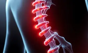 Illustration av ryggraden med glödande nervbanor som indikerar smärta eller inflammation.