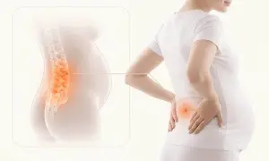 Gravid kvinna med ont i ryggen tidigt. Illustration visar ryggraden med smärtpunkter.