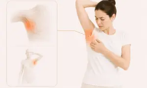 Kvinna känner smärta i armhålan, illustrerad med en röd glöd. Anatomiska bilder visar orsaken till ont i armhålan.