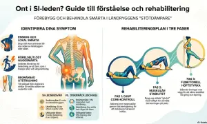 Guide till att förstå och rehabilitera smärta i SI-leden. Tre faser av övningar: djup core-kontroll, muskulär stabilitet och funktionell höftstyrka.