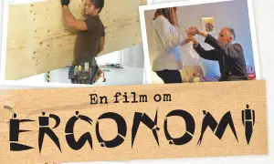 En film om ergonomi. En byggarbetare bär en skiva plywood, och en kvinna hjälper en äldre man att resa sig.