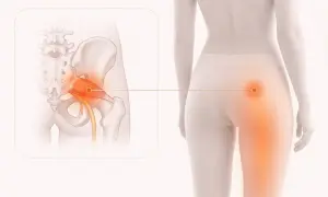 Illustration visar en muskel i skinkan som är inflammerad, med en närbild av bäckenet och höften.