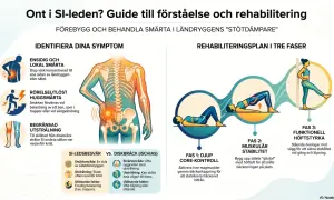 Ont i SI-leden? Bilden visar symtom, jämförelse med diskbråck och en rehabiliteringsplan i tre faser för att hantera smärta i ländryggen.