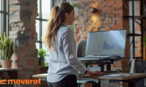 Kvinna jobbar med sittande vid ett höj- och sänkbart skrivbord. Hon tittar på en datorskärm med grafer.