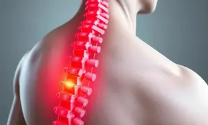 Close-up of a red, glowing spine with a bright spot of pain on a person's back.