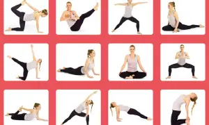 En kvinna utför olika yogaövningar, en sekvens som liknar de fem tibetanerna.