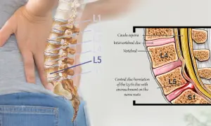 Illustration av ryggsmärta med fokus på diskbråck mellan L5 och S1 som trycker på nervrötter.