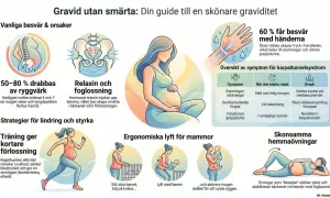 Gravid med ont i benen? Bilden visar orsaker till ryggvärk och foglossning, samt strategier för lindring som träning och ergonomiska lyft.