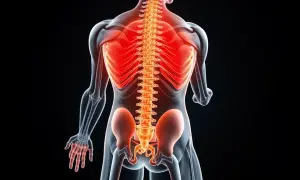 Ryggraden lyser rött, vilket kan indikera smärta eller inflammation. Detta kan vara relaterat till vad stenos betyder, en förträngning av ryggmärgskanalen.