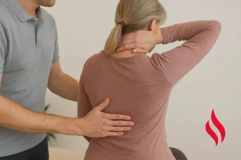 En terapeut undersöker en kvinnas rygg och nacke, möjligen på grund av reumatism i ryggen.