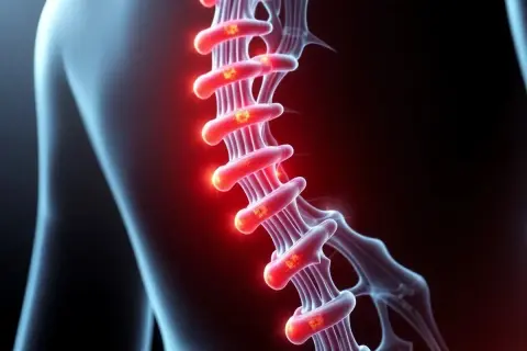 Illustration av ryggraden med glödande nervbanor som indikerar smärta eller inflammation.