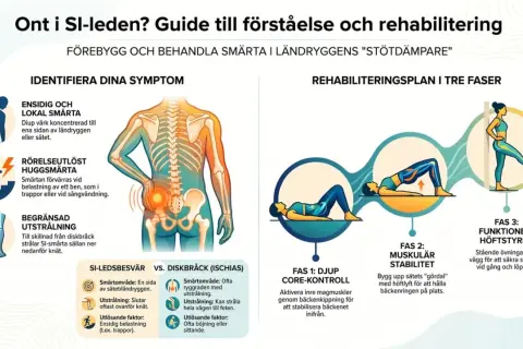 Guide till att förstå och rehabilitera smärta i SI-leden. Tre faser av övningar: djup core-kontroll, muskulär stabilitet och funktionell höftstyrka.