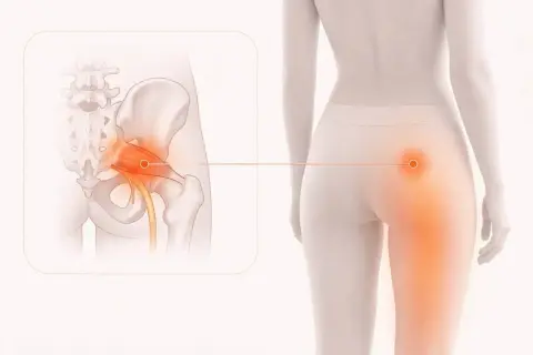 Illustration visar en muskel i skinkan som är inflammerad, med en närbild av bäckenet och höften.