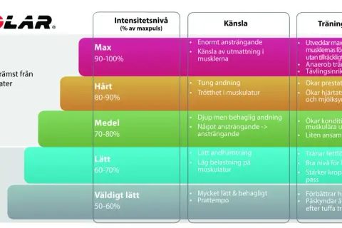 Tabell från Polar som visar vad man ska ha i puls för olika träningsnivåer, från lätt till max, och dess effekter.