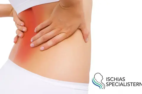 Person med ont i skinkorna och ryggen, markerat med rött. Logotyp för Ischias Specialisterna syns till höger.