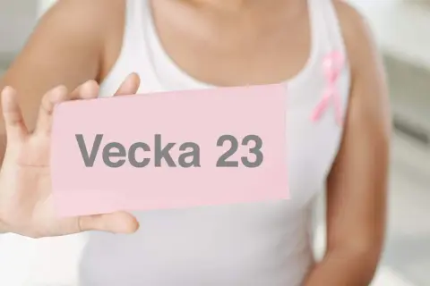 En person håller upp en rosa lapp med texten "Vecka 23". En rosa band pryder personens vita topp.