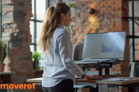 Kvinna jobbar med sittande vid ett höj- och sänkbart skrivbord. Hon tittar på en datorskärm med grafer.
