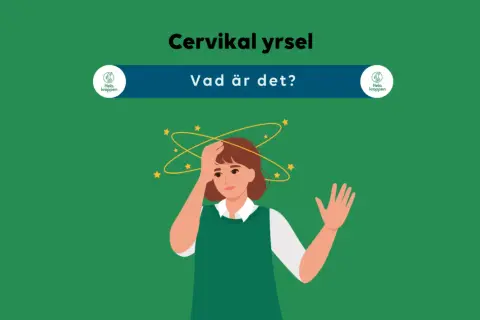 Illustration av en person med yrsel, med stjärnor som snurrar runt huvudet. Texten "Cervikal yrsel" och "Vad är det?" syns.