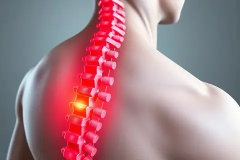 Close-up of a red, glowing spine with a bright spot of pain on a person's back.