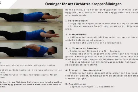 Man stretchar armar och överkropp från golvet för att stärka rygg, axlar och nacke.