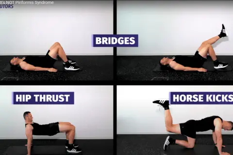 Övningar för att stärka sätesmusklerna, inklusive piriformis muskeln. Bilden visar "Bridges", "Hip Thrust" och "Horse Kicks".