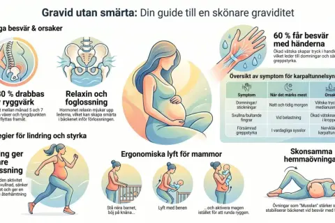 Gravid med ont i benen? Bilden visar orsaker till ryggvärk och foglossning, samt strategier för lindring som träning och ergonomiska lyft.