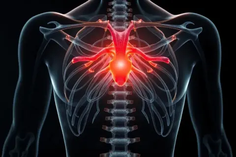 Bröstkorgens ben och ryggradens kotor lyser rött, vilket indikerar smärta eller inflammation i bröstkorgen.