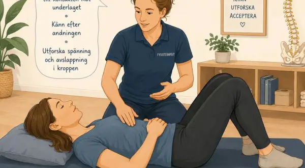 Fysioterapeut guidar patient att utforska kroppens spänningar. Bilden visar en ryggrad, som kan ge en hint om hur många kotor har ryggraden.
