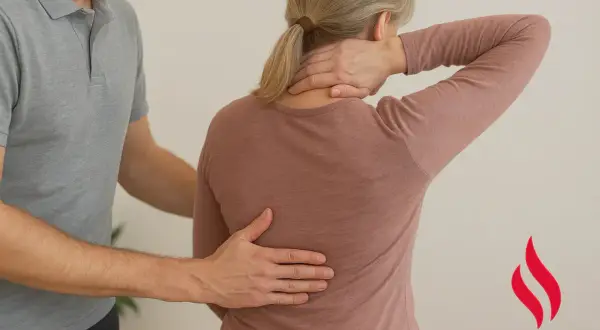 En terapeut undersöker en kvinnas rygg och nacke, möjligen på grund av reumatism i ryggen.