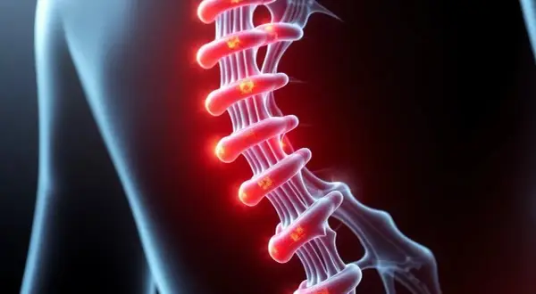 Illustration av ryggraden med glödande nervbanor som indikerar smärta eller inflammation.