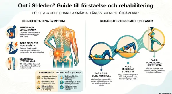 Guide till att förstå och rehabilitera smärta i SI-leden. Tre faser av övningar: djup core-kontroll, muskulär stabilitet och funktionell höftstyrka.