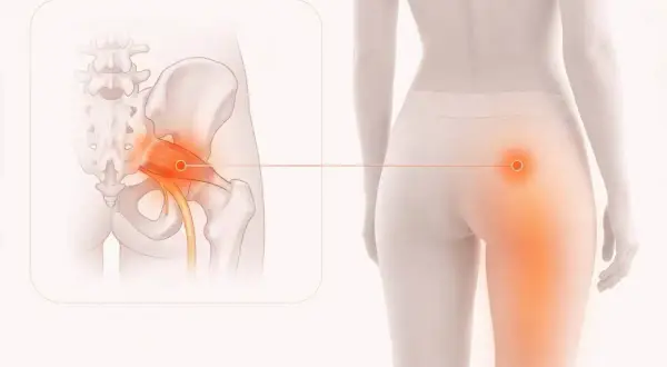 Illustration visar en muskel i skinkan som är inflammerad, med en närbild av bäckenet och höften.