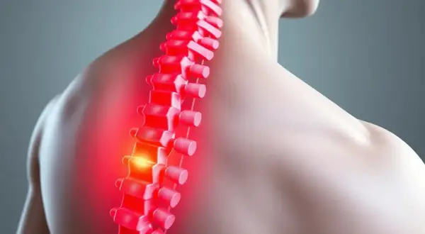 Close-up of a red, glowing spine with a bright spot of pain on a person's back.