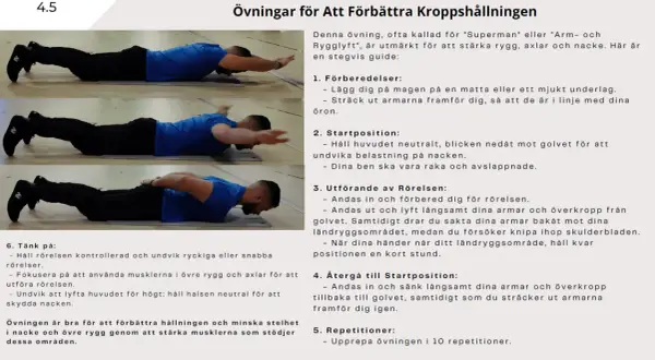 Man stretchar armar och överkropp från golvet för att stärka rygg, axlar och nacke.
