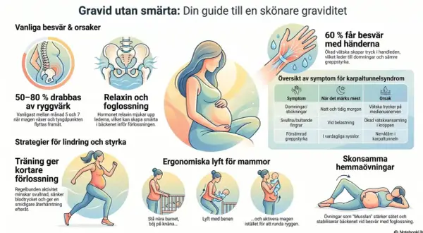Gravid med ont i benen? Bilden visar orsaker till ryggvärk och foglossning, samt strategier för lindring som träning och ergonomiska lyft.