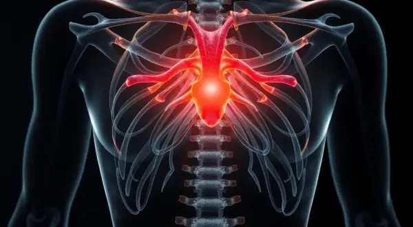 Bröstkorgens ben och ryggradens kotor lyser rött, vilket indikerar smärta eller inflammation i bröstkorgen.