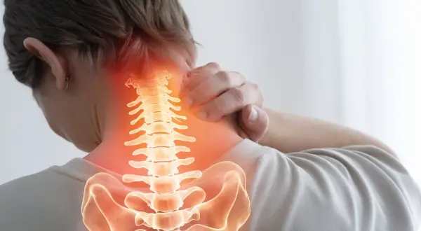 Person med smärta i nacken, illustrerad ryggrad med glödande rött område. Kan vara ett spricka i revben symptom.