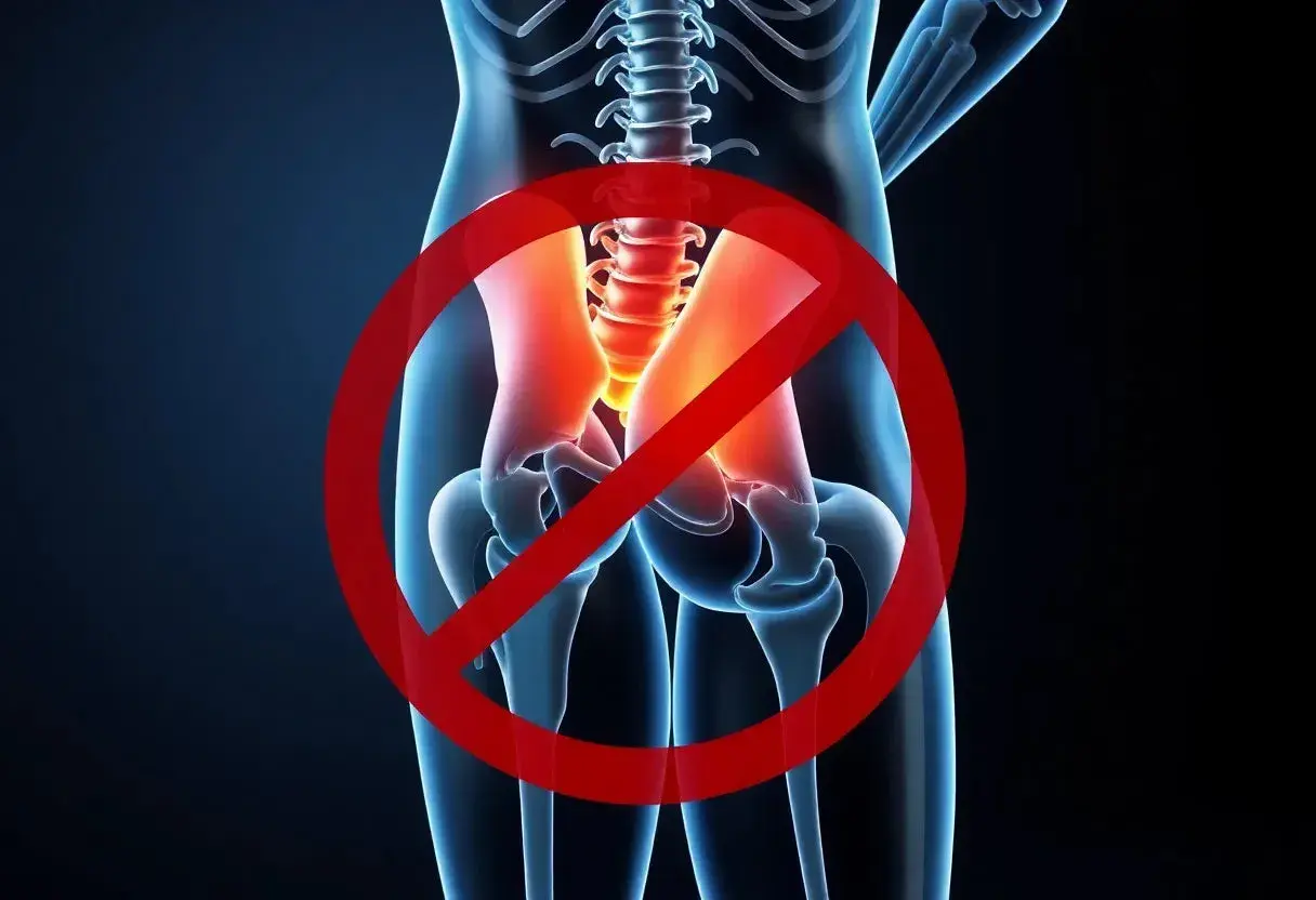 Illustration av bäckenet med markerad smärta, symboliserar att det är stopp för ont i piriformis.