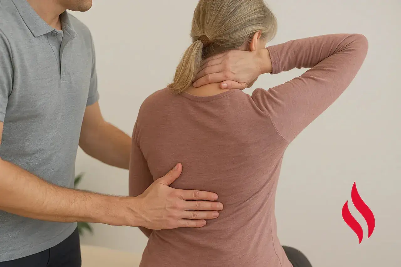 En terapeut undersöker en kvinnas rygg och nacke, möjligen på grund av reumatism i ryggen.