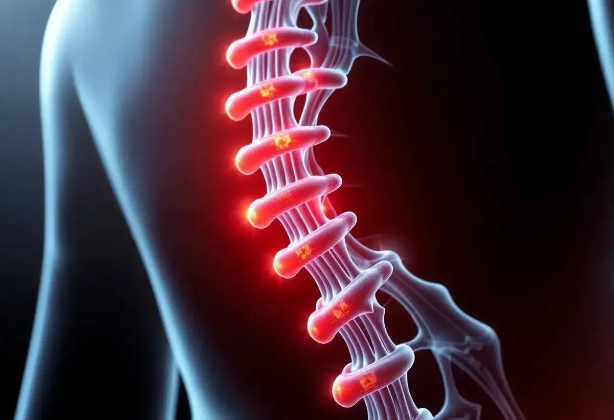 Illustration av ryggraden med glödande nervbanor som indikerar smärta eller inflammation.