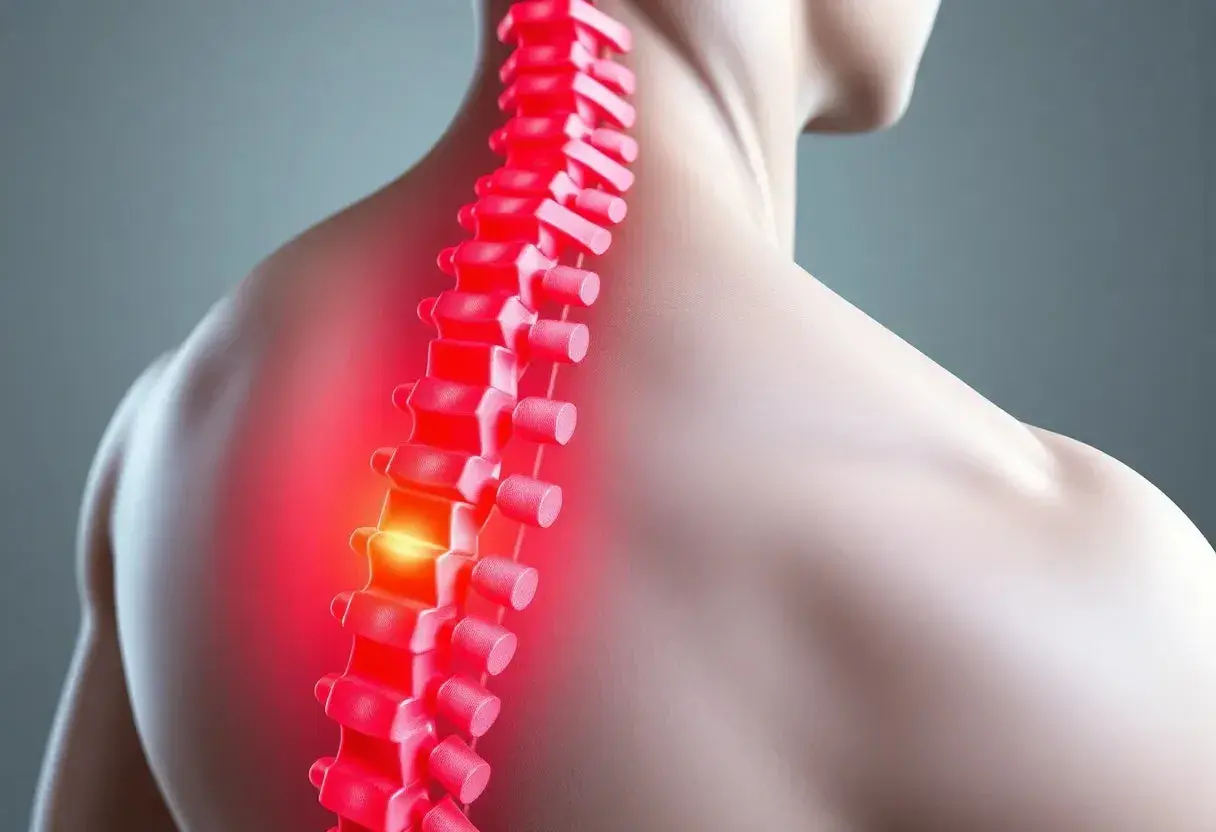 Close-up of a red, glowing spine with a bright spot of pain on a person's back.