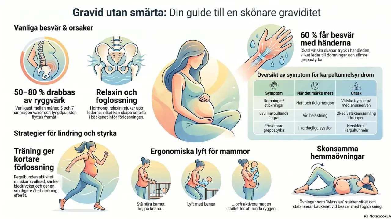 Gravid med ont i benen? Bilden visar orsaker till ryggvärk och foglossning, samt strategier för lindring som träning och ergonomiska lyft.