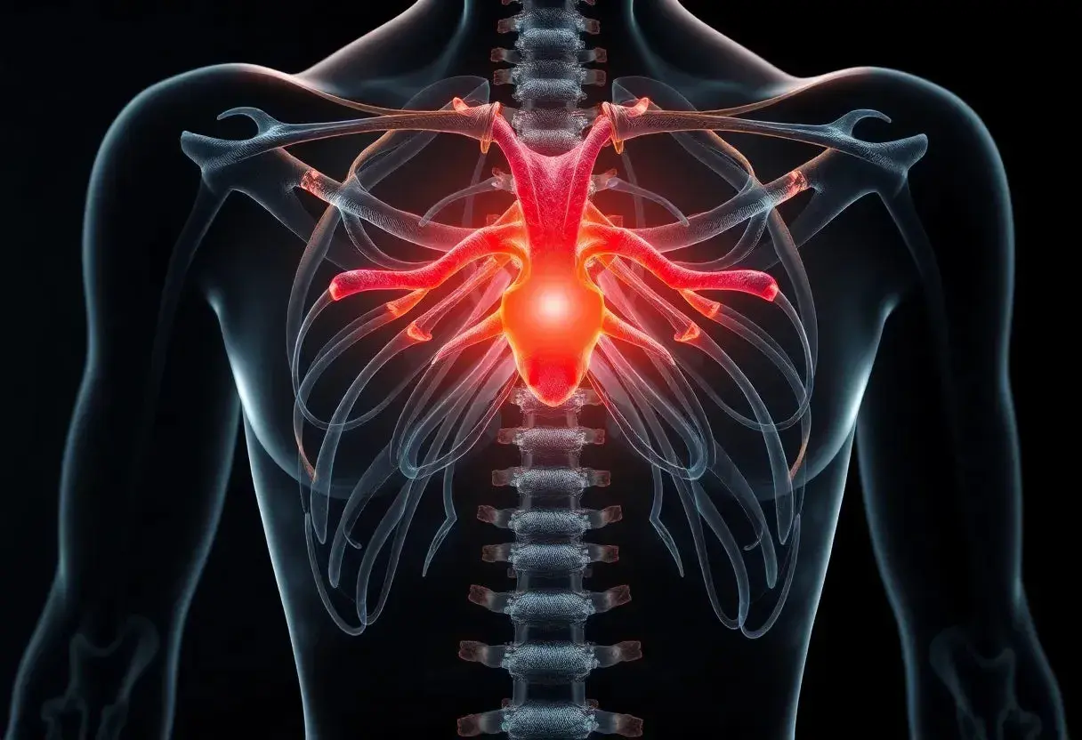 Bröstkorgens ben och ryggradens kotor lyser rött, vilket indikerar smärta eller inflammation i bröstkorgen.