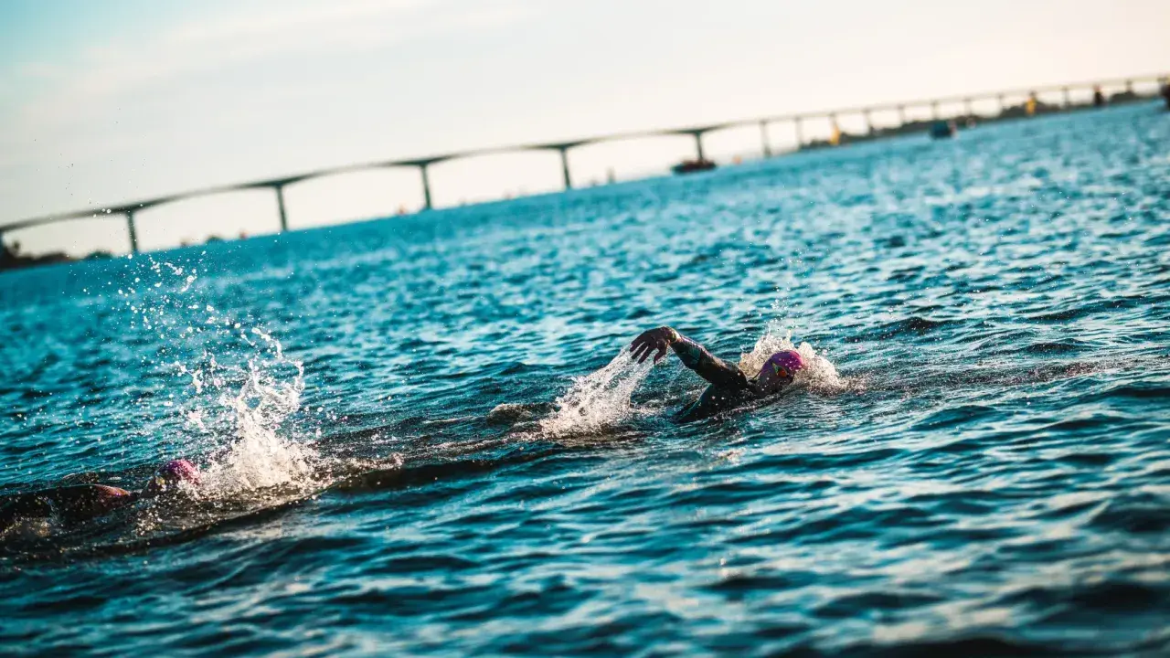 Simmare kämpar sig fram i vattnet under en ironman simning. En bro syns i bakgrunden.
