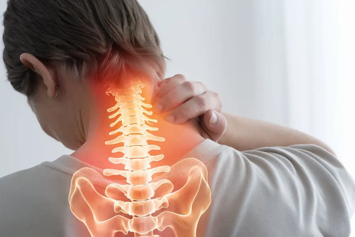 Person med smärta i nacken, illustrerad ryggrad med glödande rött område. Kan vara ett spricka i revben symptom.