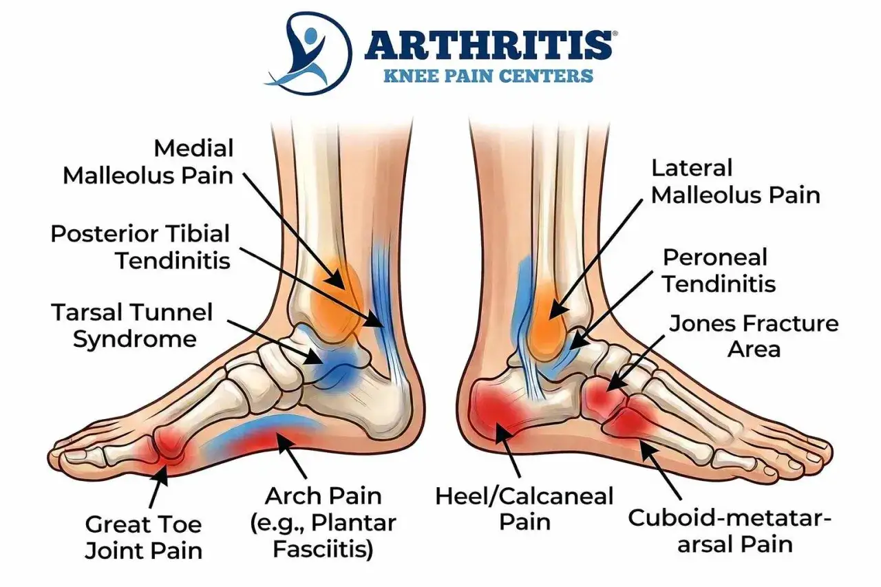 Illustration visar fotens anatomi med områden för smärta, som domningar i foten vid Tarsal Tunnel Syndrome.