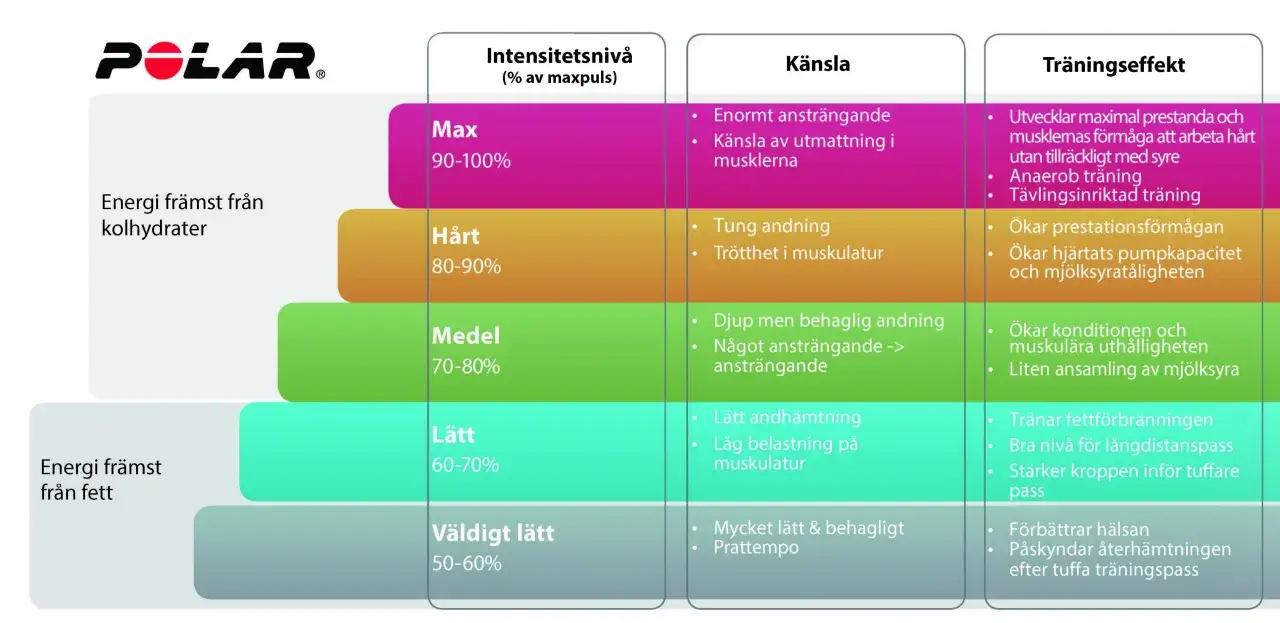 Tabell fr&aring;n Polar som visar intensitetsniv&aring;er (% av maxpuls) f&ouml;r en kvinna, k&auml;nsla och tr&auml;ningseffekt. Maxpuls 90-100% &auml;r enormt anstr&auml;ngande.