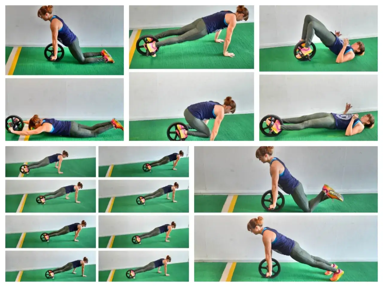 Kvinnan utf&ouml;r ab wheel rollout-&ouml;vningar, fr&aring;n kn&auml;st&aring;ende till plankposition.