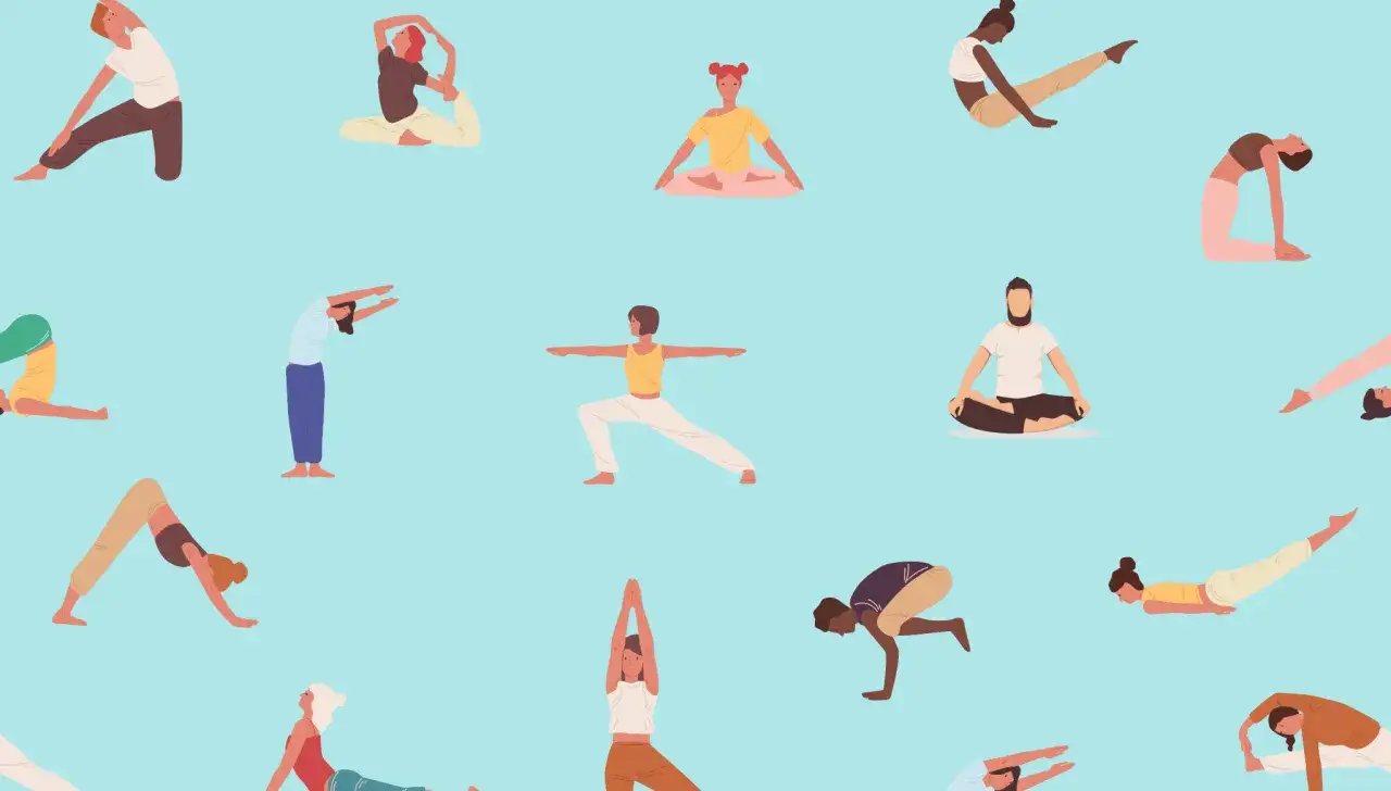 Människor i olika yogaposer. En person gör en sidoböj för att stretcha sidan av ryggen.